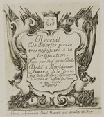 Kartusche mit verschiedenen Waffen, Fahnen und Serientitel