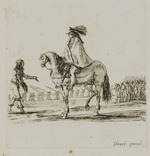 Nach links gewandter Reiter im Gespräch mit einem Mann