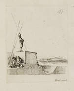 Pikenier auf einem Wall mit drei sitzenden Soldaten davor