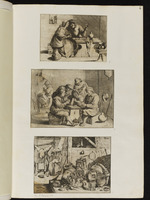 2 | Un homme assis à la table avec un verre dans / sa main gauche & s’appuyant à une feme assise. / Une Compagnie de buveurs & de jouëurs. / Une boucherie.