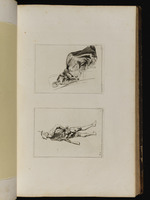 Oben: Auf einem Stuhl zurückgelehnt sitzende junge Frau; unten: Soldat mit Gewehr unter dem linken Arm im Profil nach rechts